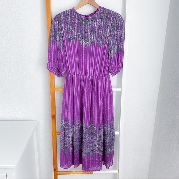 Vintage Hanae Mori New York VTG Chiffon Paisley Stripe Dress Purple - Picture 2 of 16